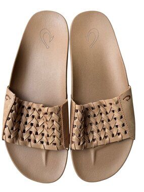 OluKai Kamola Woven Leather Comfort Slide Sandals Tan Women's Size 8